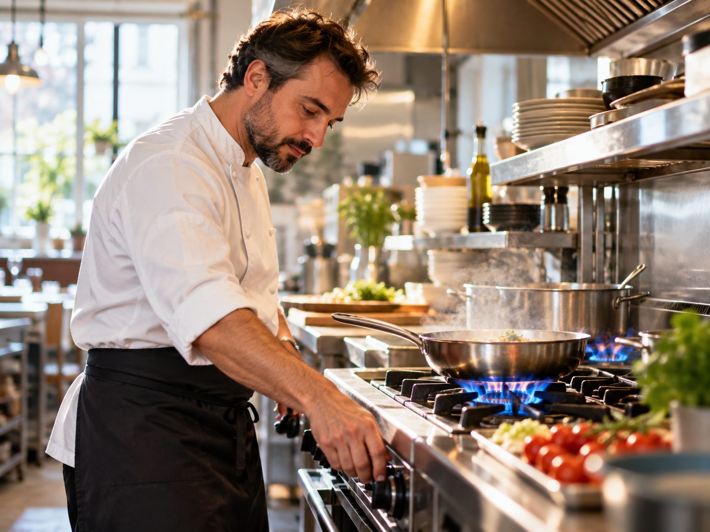 Koch stellt die Gasflamme in einer Wiener Restaurantküche ein